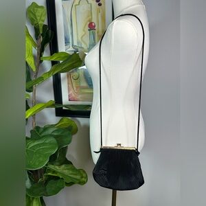Vintage Pacific Express Evening Bag Purse Pleated Crossbody Clutch Black Gold